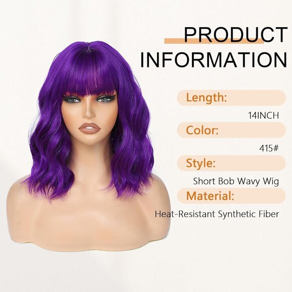 Women's 415 Short Wavy Hair Pastel Bob Shoulder Length Synthetic Hair Wigs - Picture 2 of 6